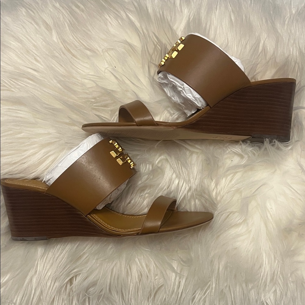 Tory Burch Tan Leather Double-Strap Slide Sandals with Gold Logo - Picture 2 of 5